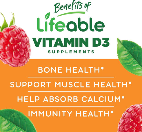 Lifeable Vitamin D3 10000 IU - Great Tasting Gummy Supplement for Strong Bones, 90 Gummies