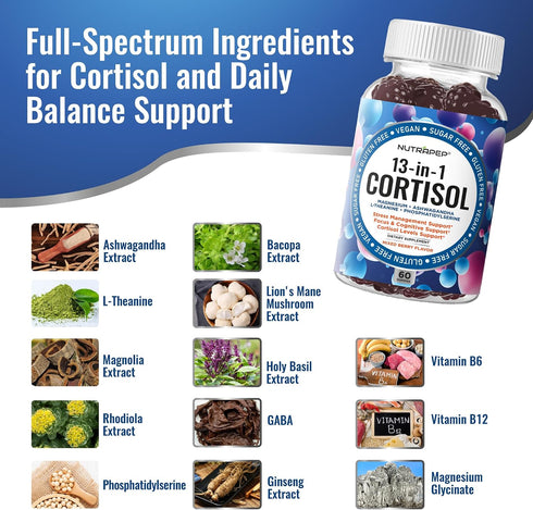 NutraPep Gummies 13-in-1 Cortisol for Women Men - High Cortisol Reducer with Ashwagandha Magnesium L-theanine Rhodiola