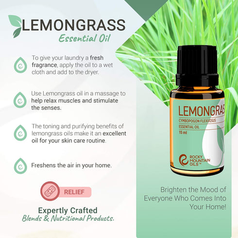 Rocky Mountain Oils Lemongrass Essential Oil - Essential Oils for Diffusers, Topical, Home - 15ml