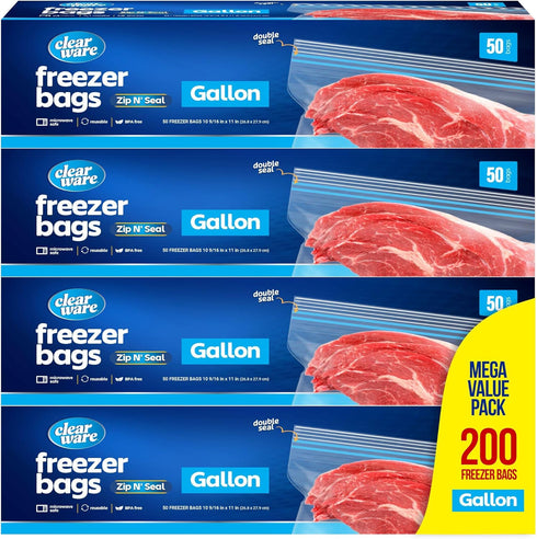 Gallon Freezer Bags, Double Zipper Seal - 200 Count (4 Packs of 50), Thick Reusable Plastic Bags for Food Storage, BPA