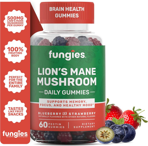 Lion's Mane Mushroom Gummies, Blueberry & Strawberry, 60 Servings, Brain Fog Focus Memory Mood Supplement