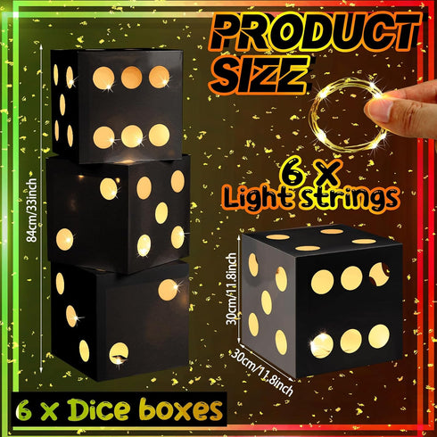 Motipuns 6 Decoration(11.8 Inch,Black) Pcs Large Dice Favor Boxes with Light, Large Dice Box Casino Party Decorations