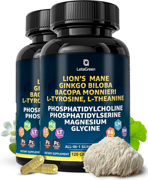 Organic Lions Mane Supplement Capsules - 240 Real Mushrooms Lion's Mane Capsules with Ginkgo Biloba & Bacopa Monnieri -