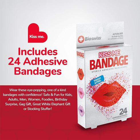 BioSwiss Lips Shaped Self Adhesive Bandages, Latex Free Sterile Wound Care, Fun First Aid Kit for Kids - 24 Count
