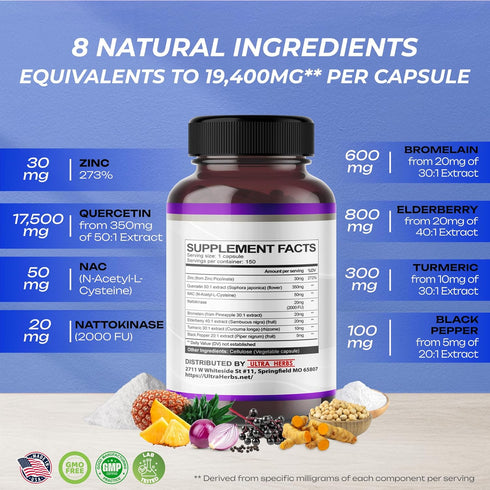 Quercetin Supplement with Bromelain, Vitamin C, Zinc, Nattokinase, NAC, Elderberry, 150 Capsules