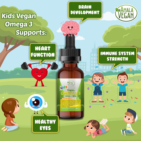 Omega 3 for Kids - Organic Vegan Liquid Supplement, Kids Fish Oil with DHA, EPA, DPA - Plant Based Algae Oil, 30-60