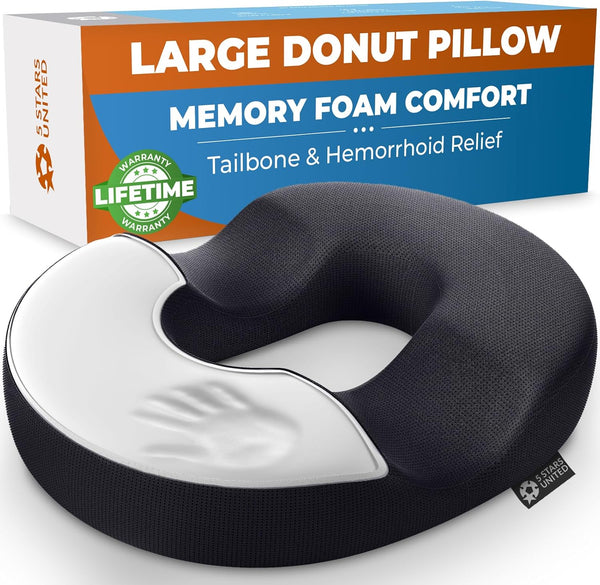 5 STARS UNITED Donut Pillow - Hemorrhoid Tailbone Cushion, Large Black Seat Cushion for Coccyx, Sciatica, Pregnancy