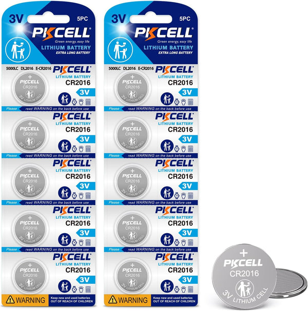 PKCELL 10 Pack CR2016 Battery CR2016 3V Lithium Battery for Car Remote Control,Watch