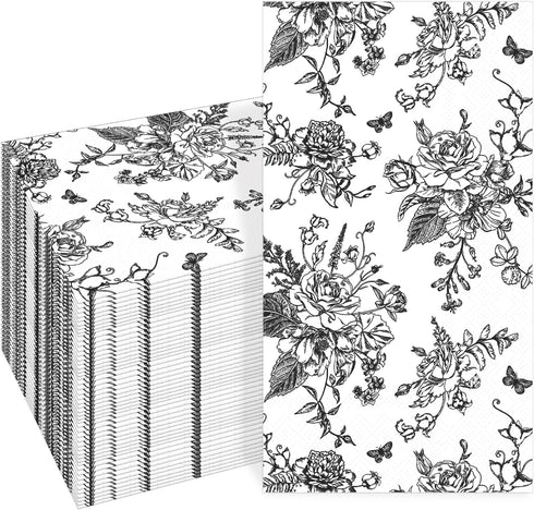 SMUAENSS 100 PCS Black Napkins Disposable, Black White Wildflower Paper Napkins 3-Ply Paper