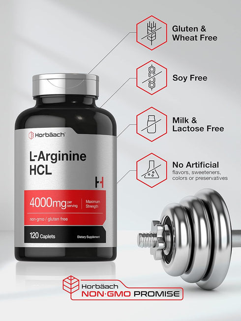 Horbaach L-Arginine 4000mg | 120 Vegetarian Caplets | Maximum Strength Nitric Oxide Precursor, Gluten Free Supplement