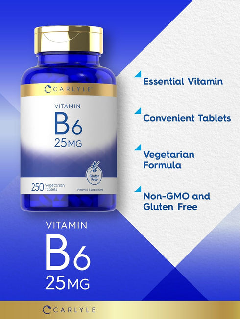 Carlyle Vitamin B6 25 mg, 250 Tablets, Vegetarian, Non-GMO, Gluten Free