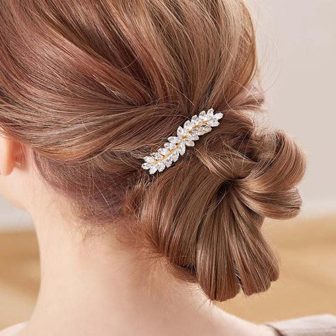 WHAVEL 2PCS Hair Barrettes for Women, Rhinestone Hair Clips Crystal Leaf French Barrette Wedding Hair Clips Vintage Bridal Hair Pins Hair Accessories for Women Bride Bridesmaid (Gold)