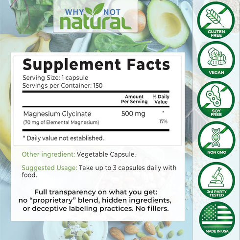 Magnesium Glycinate 500 mg Capsules Vegan Supplement 100% Pure No Filler for Sleep and Relaxation Support