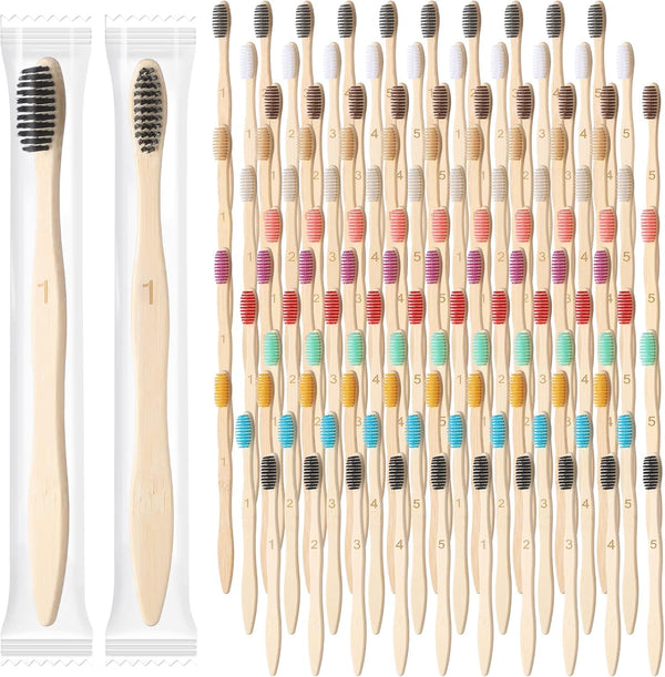 120 Pcs Bamboo Toothbrushes Bulk, Soft Bristle Wooden Disposable Travel Toothbrush for Kids and Adults, 12 Colors