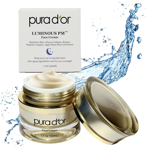 PURA D'OR 1.7 Oz Luminous PM Face Cream: Methylene Blue, Marine Collagen, Retinol, Peptides, Apple Stem Cell Extract,