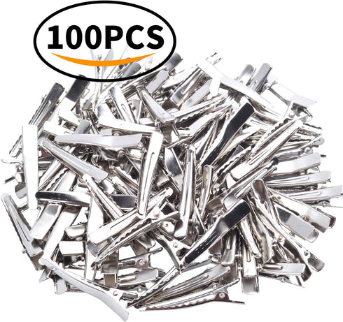 Single Prong Alligator Hairpins, 100 Pieces Silver Metal Curl Crocodile Hair Clips, 39mm for Hair Care Salon DIY Craft