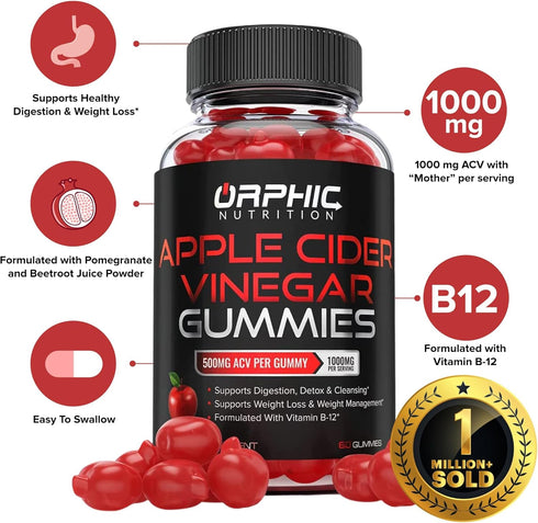 Apple Cider Vinegar Gummies - 1000mg, Supports Normal Energy Levels & Gut Health, 60 Count