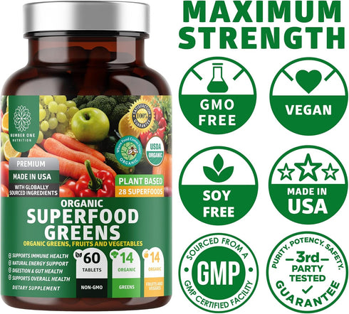 N1N Premium Organic Superfood Greens, 28 Powerful Ingredients, Natural Fruit and Veggie Supplement - 60 Ct
