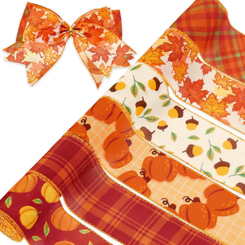 Whaline 6 Rolls 30 Yard Fall Thanksgiving Wired Edge Ribbon, Autumn Plaid Pumpkin Maple for Gift Wrapping