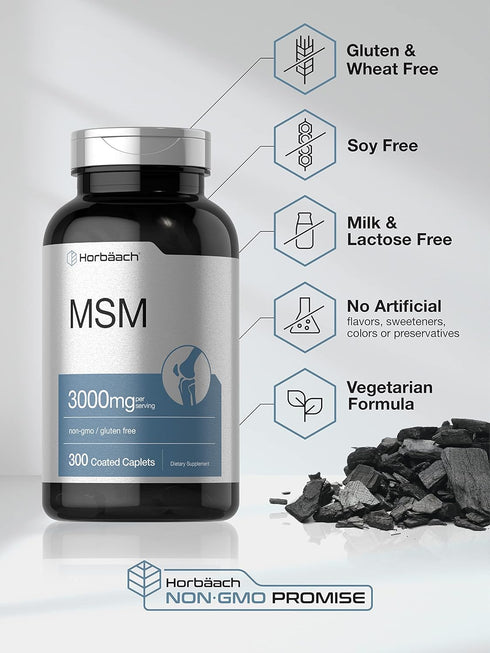 Horbaach MSM Supplement, 3000mg, 300 Coated Caplets, Vegetarian, Non-GMO, Gluten Free