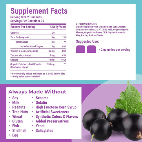 Hyland's Naturals Organic Elderberry Plus Gummies, Organic Black Elderberry with ZINC and Vitamin C, Immune Support Supplement for Adults, 60 Vegan Gummies (30 Days)