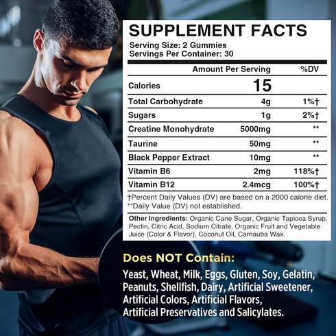Creatine Monohydrate Gummies for Men & Women, Creatine Pre-Workout Gummies, Taurine&B6, Increase Strength, Energy & Endurance Chewable Creatine Gummy Supplements, 5g Per Serving, Organic