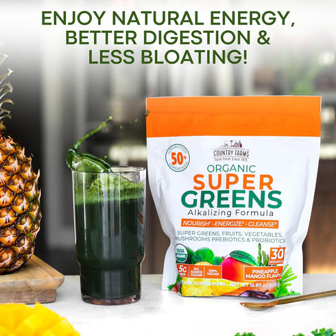 COUNTRY FARMS Super Greens Pineapple-Mango Flavor | 50 Organic Super Foods Drink Mix | Natural Energy, 30 Servings
