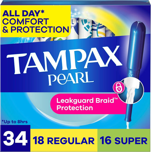 Tampax Pearl Tampons for Women Multipack, with LeakGuard Braid, Regular/Super Absorbency, Unscented,