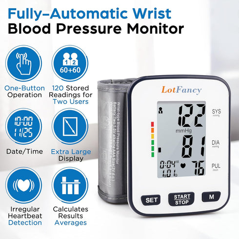 LotFancy Wrist Blood Pressure Monitor for Home Use, Blood Pressure Machine Adjustable Wrist Cuff (5.3”-8.5”) Digital BP Machine with Large LCD Display, 120 Memory with Carrying Case
