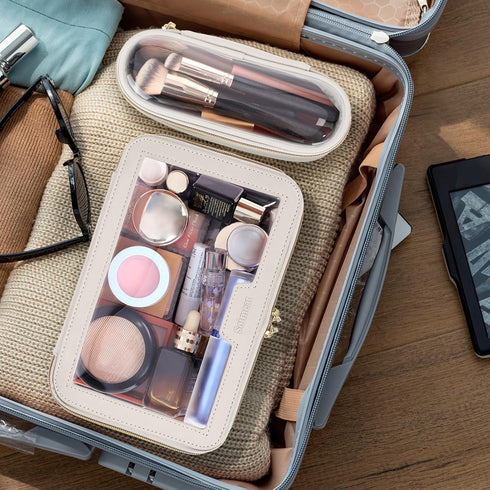 Travel Clear Makeup Bag, Portable Cosmetic Organizer Storage Bag, Leather Makeup Case with Brush Bag, Waterproof,