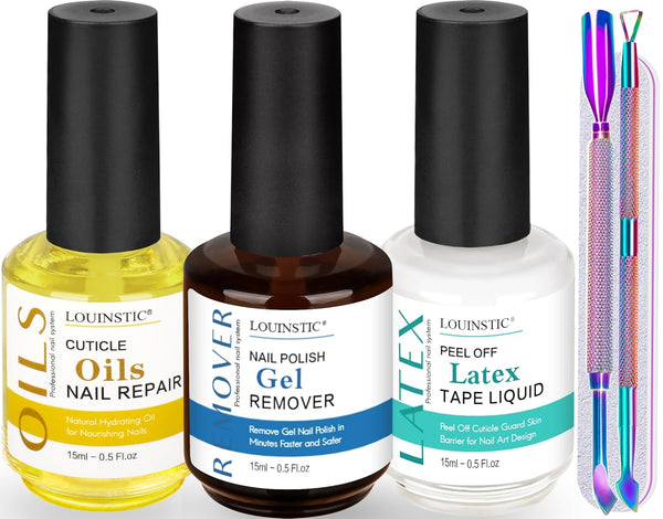 LOUINSTIC Gel Nail Polish Remover Kit, Gel Remover with Cuticle Oil & Latex Tape, No Soaking, Wrapping