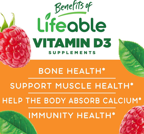 Lifeable Sugar Free Vitamin D, 5000 IU, 90 Gummies, Great Tasting Natural Flavor for Immune Support