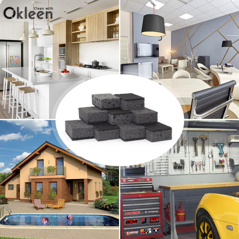 Okleen 9 Pack, 4.3x2.8x1.4 inches. Pack Black Scrub Sponges. Made in Europe. Heavy Duty and Non Scratch Fiber. Kitchen