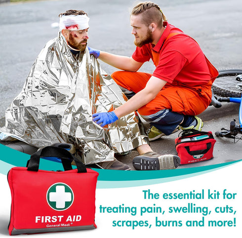 General Medi First Aid Kit - 309 Pieces - Reflective Bag Design with Eyewash, Bandages, Emergency Blanket