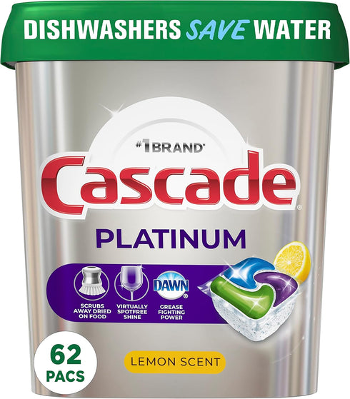 Cascade Platinum Dishwasher Pods, Lemon, 62 Count, Actionpacs Dish Washing Pod, Dishwasher Soap Pod (Packaging may vary)