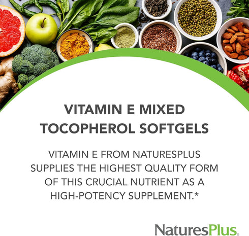 NaturesPlus Vitamin E 400 iu Mixed D-Tocopherol, 60 Softgels, Gluten-Free, Easy to Swallow