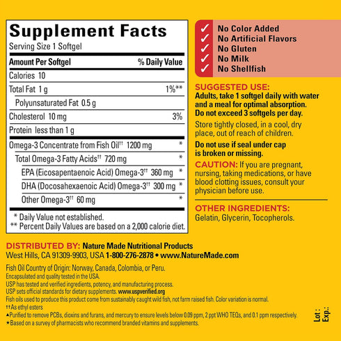 Nature Made Fish Oil Omega 3 Supplements - 1200 mg Softgels for Healthy Heart, Brain, Eye Support, 100 Softgels