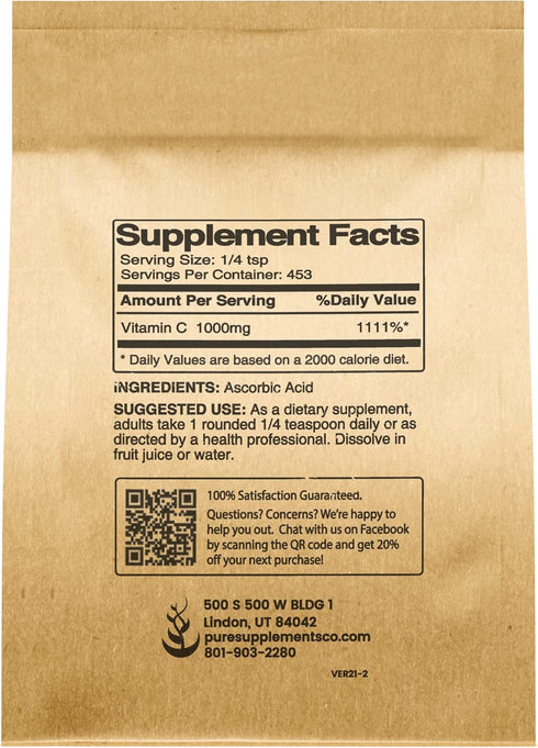 PURE ORIGINAL INGREDIENTS Vitamin C Powder (1 lb) Ascorbic Acid, Non GMO, Dietary Supplement