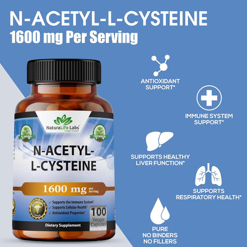 N-Acetyl-L-Cysteine (NAC) 1600 mg, 100 Veggie Capsules for Lung Health & Immune Support