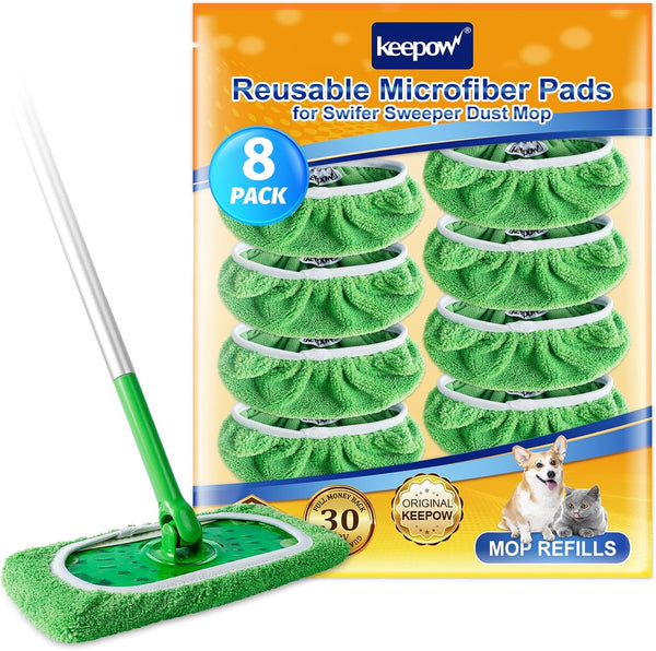 KEEPOW Reusable Mop Pads Compatible with Swiffer Sweeper Mop, 8 Pack Washable Microfiber Cloth Refills for Floor