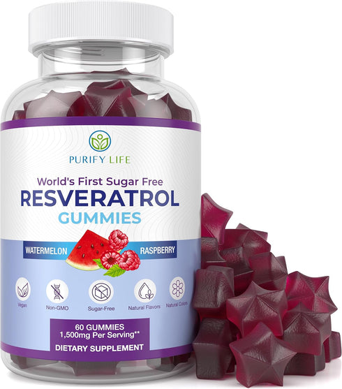 Purify Life Sugar-Free Resveratrol Gummies, 1500mg Supplement for Digestive & Immune Health, Antioxidant Support