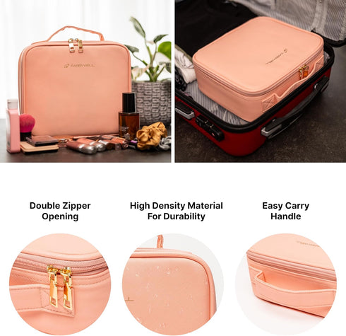 Makeup Bag Travel Organizer, Small Traincase with Adjustable Dividers for Beauty Artists, Not Made in China (Pink)