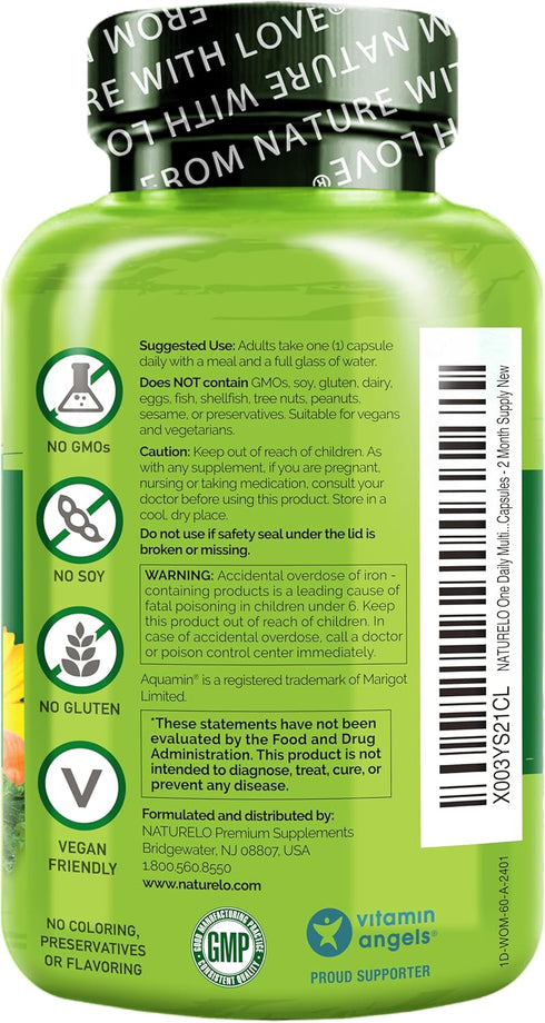 NATURELO One Daily Multivitamin for Women - Energy Support, Whole Food Supplement for Hair, Skin, Nails (60 Capsules,