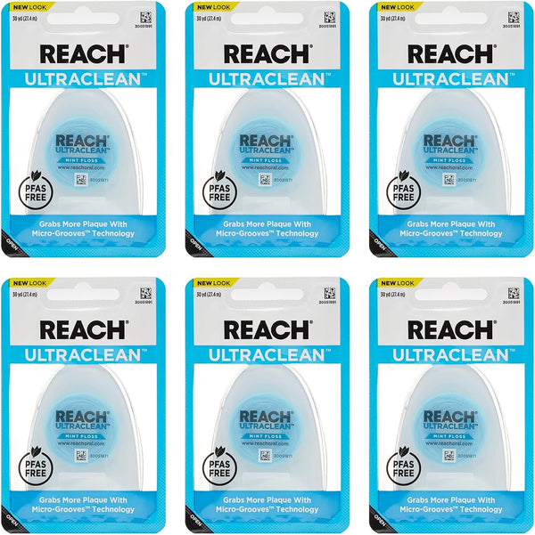 REACH Listerine Ultraclean Dental Floss 6-Pack, Mint, Plaque Remover, PFAS-Free, Fresh Breath for Adults & Kids