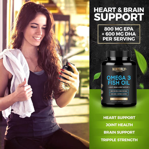 Omega 3 Fish Oil 2000mg, 800mg EPA, 600mg DHA - Burpless, Non-GMO, 120 Softgels for Joint and Heart Support