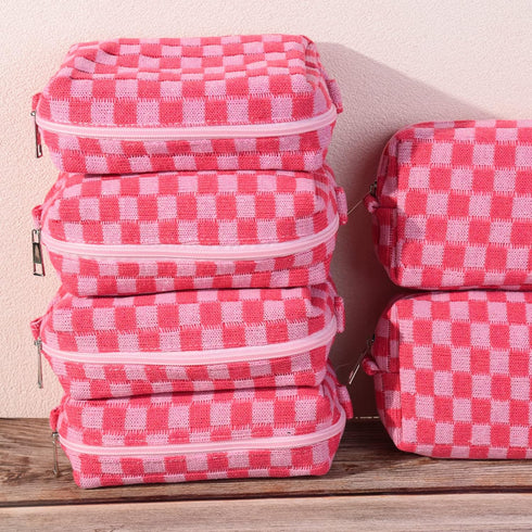 Checkered Makeup Bag, Preppy Bulk Pink Cosmetic Pouch, Personalize Travel Toiletry Organizer for Women