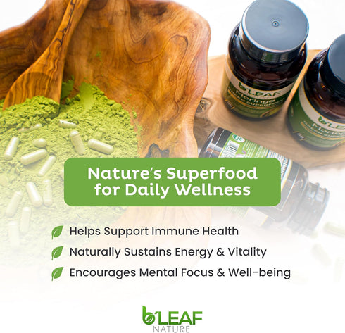 B'LEAF NATURE Organic Moringa Pure Capsules - 1000mg, 180 Count for Immune Support, Energy & Balance