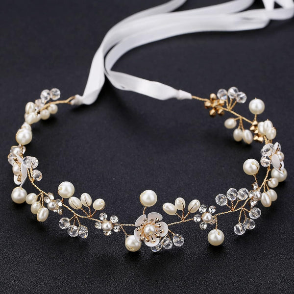 Wedding Hair Accessories for Kids, Gold Flower Girl Headband with White Flower and Pearl for Bridal Hair