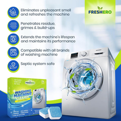Washing Machine Cleaner Tablets 24 Pack, Descaler & Deep Cleaning Solution for HE, Top Load & Front Loader Washers,