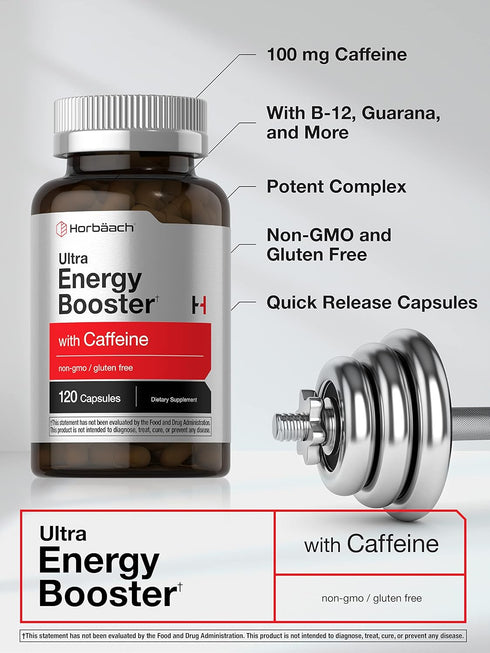 Horbaeach Energy Supplement - 120 Capsules with Caffeine, Ginseng & Vitamin B12, Daily Energy Booster Pills